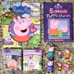 4 Peppa Pig Books (3 “Look and Find” & 1 Big Storybook) & 6 Peppa Pig Figures